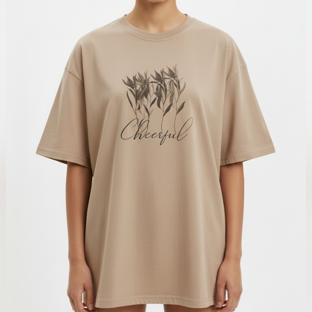Cheerful Tan Graphic Oversized T-Shirt Size Medium Like New